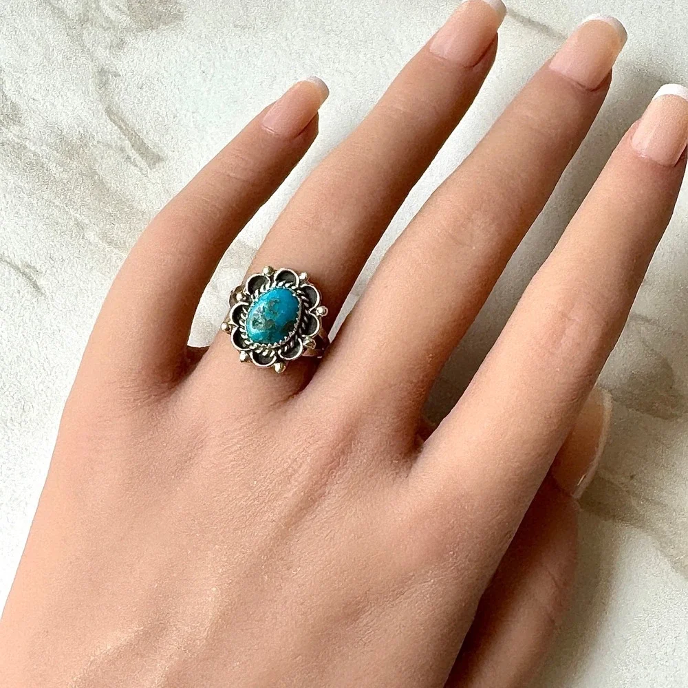 Navajo Flower Ring Turquoise Sz 7 Sterling Silver Signed Morgan Native Amer